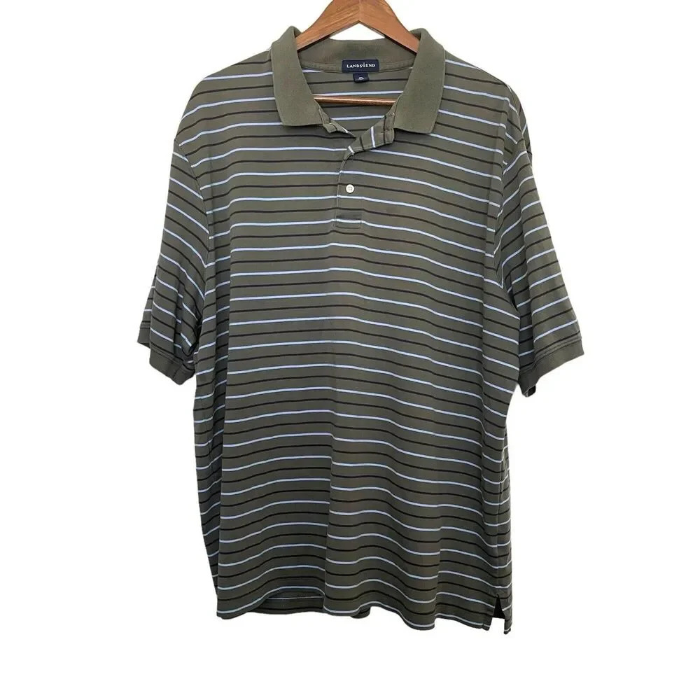 Lands End Polo‎ Shirt Striped Size XXL 50-52 Short Sleeve Business Cotton